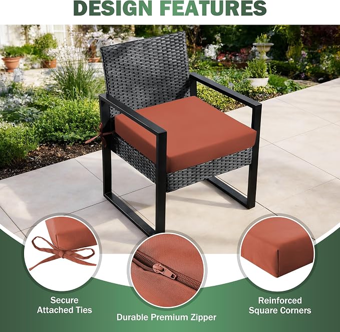 Outdoor Chair Cushions Set of 2, 19x19x3 Inch Waterproof & Fade Resistant Patio Furniture Seat Cushions with Ties, Square Outdoor Dining Chair Cushions for Lawn, Garden, Deck & Yard, Spice