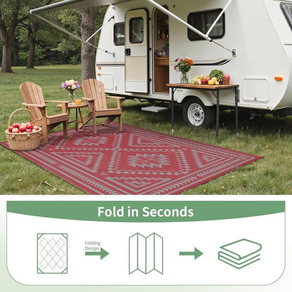 GENIMO Outdoor Rug, Waterproof Plastic Rugs for Patio, 6'x9' Mist Red | Outside Larger Modern Carpet Mat for Porch Decor, Deck, Balcony, Camping, RV, Backyard, Picnic, Beach, Reversible, Foldable
