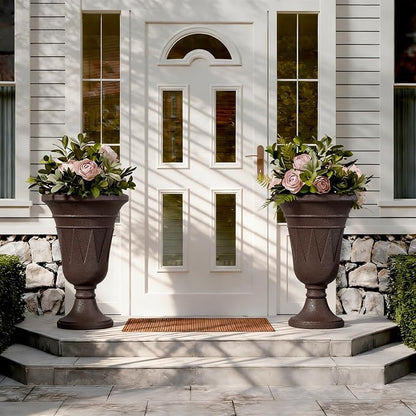 24"Tall Urn Planters for Outdoor Plants, Urns and Pedestal Set of 2 | Resin HDPE Weather-Resistant Material, Vintage Trophy Design Outdoor Planters with Drainage Holes, Flower Pot/Vase/Porch Door