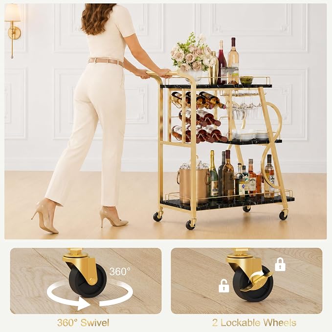 Bar Cart for Home, Home Bar Serving Cart on Wheels, 3 Tier Liquor Carts with Wine Rack and Glass Holder, Rolling Beverage Trolley (Gold & Marbleized Black)