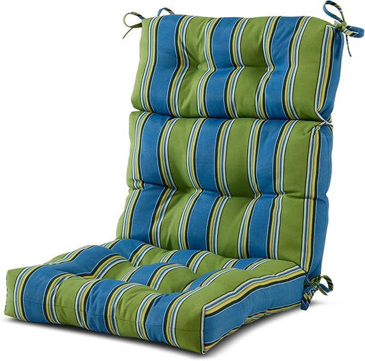 Outdoor Tufted High-Back Chair Cushions, One-Piece Hinged Seat and Back Design, Reversible with 4 Ties, Durable Polyester Fabric, Recycled Fiber Fill - Single, Cayman Stripe
