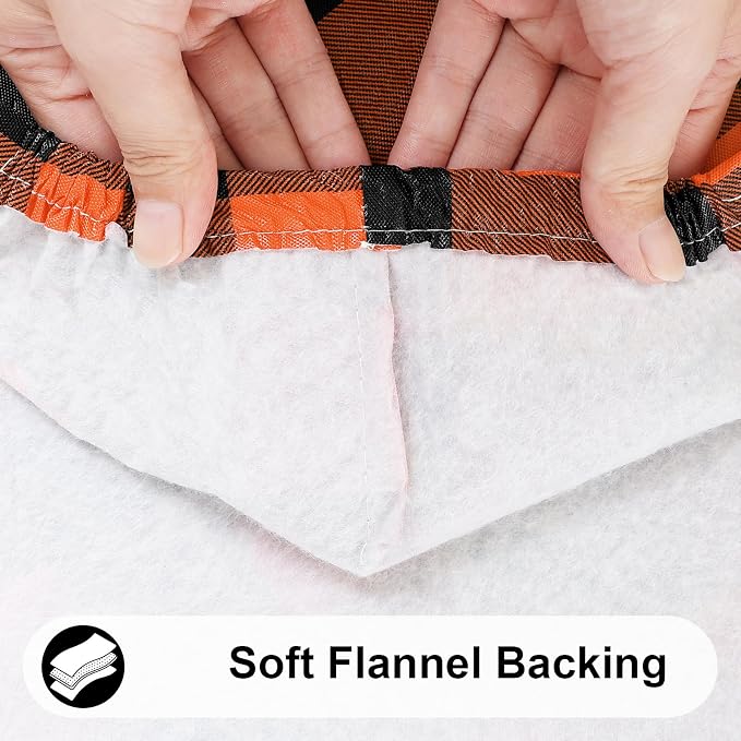 Smiry Rectangle Picnic Table Cloth, Elastic Waterproof Fitted Vinyl Tablecloths, Flannel Backed Buffalo Plaid Table Covers for Dining, Camping, Outdoor (Black and Orange, 30" x 96")