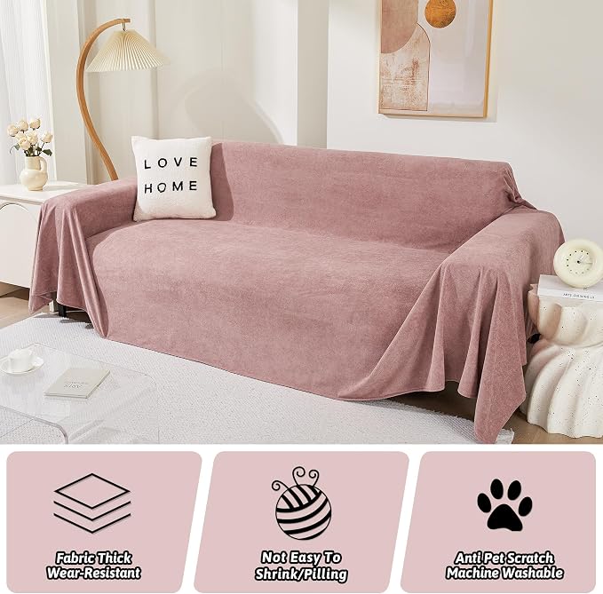 MEETSKY Couch Covers for 3 Cushion Couch Sofa Washable Cat Scratch Proof Sectional Couch Covers L Shape Sofa Cover Slipcovers Couch Furniture Protector for Pets Dogs Kids, 91" x 118", Pink