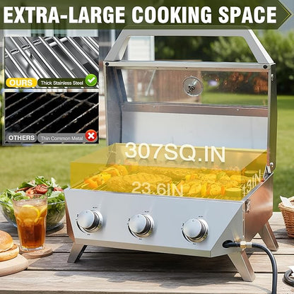 BESTFIRE 3-Burner Tabletop Gas Grill with Viewing Glass, 30,000 BTU Stainless Steel Portable Propane BBQ Grill with Thermometer, Professional Outdoor Cooking for Patio, Camping, RV and Tailgating