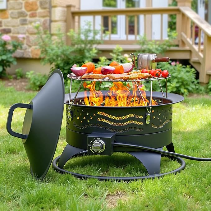 Panovue 24 Inch Portable Propane Fire Pit with Grill, 60000 BTU Outdoor Gas Firepit with Lava Rocks & Adjustable Flame, Smokeless Gas Firebowl for Backyard, Camping & Gatherings