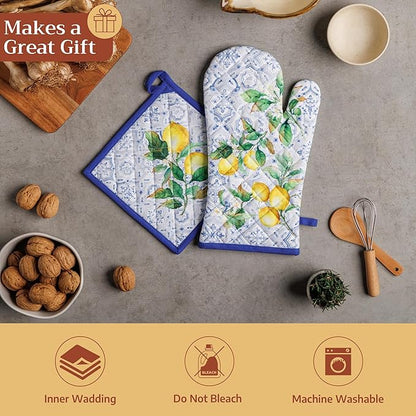 Maison d' Hermine 100% Cotton Oven Mitt & Pot Holder Set (7.5"x13" & 8"x8") Heat Resistant BBQ Cooking Gloves with Loop Baking Grilling Kitchen Hotel Home Farmhouse Spring Summer (Citrus)