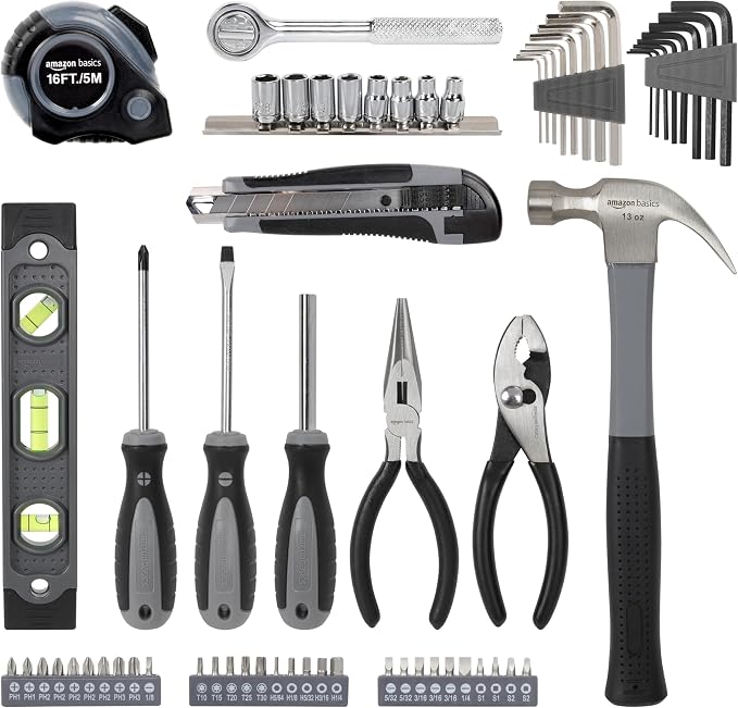 Amazon Basics 65 Piece Home Repair Tool Kit Set With Carrying Bag, Hand Tools, Socket Set, SAE and Metric, Silver, Black