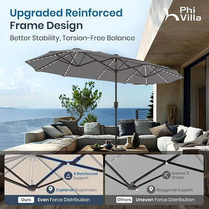 PHI VILLA 13ft Patio Umbrella w/ 120 PCS Color Changing Solar Lights, Grey | Outdoor Triple-Head Large Rectangle/Rectangular Solar-powered Market Table Umbrellas, w/ Crank Lift, for Poolside(No base)