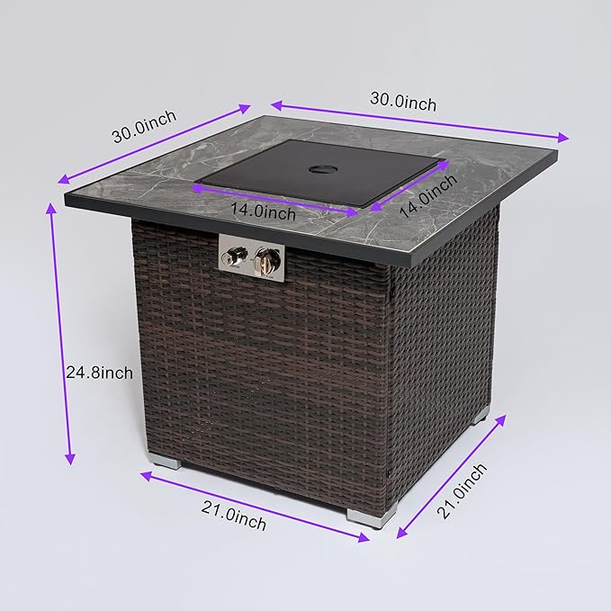 KEIKI 30 Inch Square Gas Fire Pit, Wicker Outdoor Fire Table with Ceramic Top, 50000 BTU Propane Heating for Backyard Courtyard
