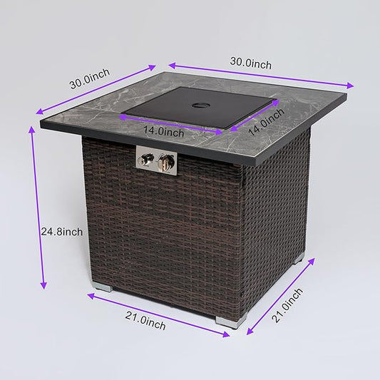KEIKI 30 Inch Square Gas Fire Pit, Wicker Outdoor Fire Table with Ceramic Top, 50000 BTU Propane Heating for Backyard Courtyard