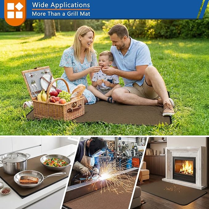 Under Grill Mat for Outdoor Grill, Anze 4-Layer Fireproof Deck Protector Double-Sided Fire-Resistant Patio Floor Matt Oilproof Waterproof BBQ Fireplace Pad 36 x 48 inch, Brown