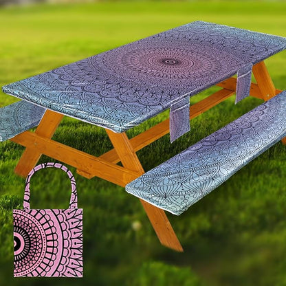 Wrakus Picnic Table Cover with Bench Covers Vinyl Elastic Edges Fitted Rectangle Seat Tables Waterproof 3-Piece96X30in Set Outdoor Rectangular Folding Backing Tablecloth for Camping Over Size