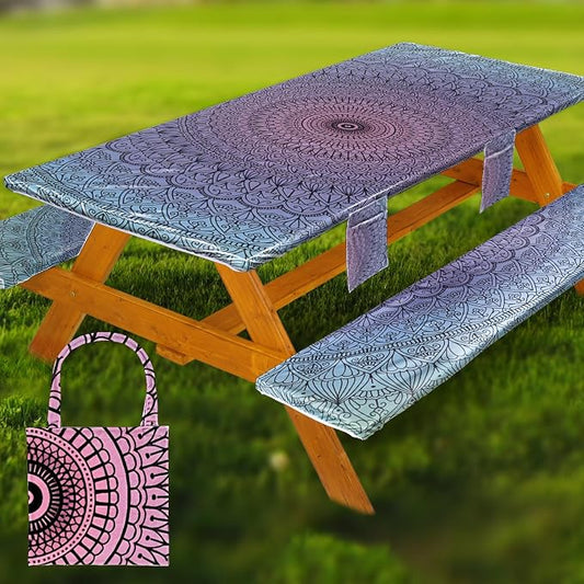 Wrakus Picnic Table Cover with Bench Covers Vinyl Elastic Edges Fitted Rectangle Seat Tables Waterproof 3-Piece72X30in Set Outdoor Rectangular Folding Backing Tablecloth for Camping Over Size