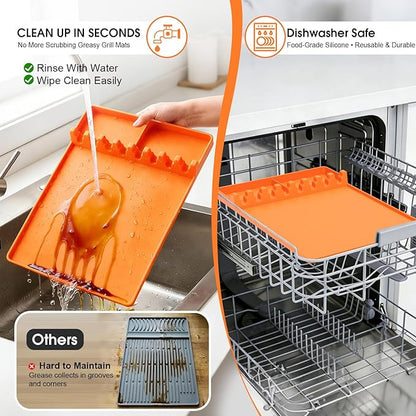 Silicone Grill Mats Compatible with Blackstone, Spatula Tools Mat with Drip Pad, Griddle Mats BBQ Grill Accessories, Side Shelf Pad for Kitchen Counter Outdoor Grill, Easy Clean, Orange