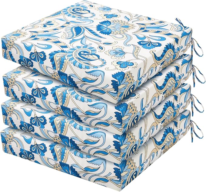 HARBOREST Outdoor Chair Cushions Set of 4, Water Resistant Patio Chair Cushions with Ties, Square Corner Outdoor Seat Cushions for Patio Furniture, 18.5"x16"x3", Blue Butterfly