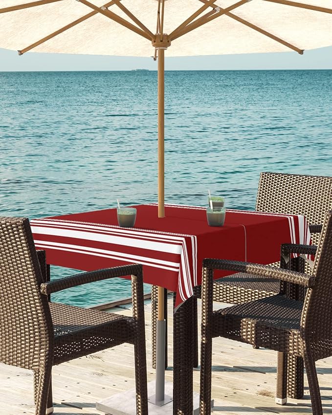 QueenKer Outdoor Tablecloth with Umbrella Hole, Farmhouse Wine Red White Stripe Square Tables Waterproof Tabletop Collection for Patio, Garden, Picnic, Camping, Dining 54 x 54 inch