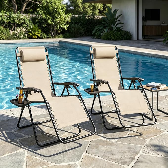 Adjustable Folding Lounge Chair, Portable Camping Chair for Adults with Headrest, Reclining Outdoor Chair with RemovableTray, Foldable Low Beach Chair for Camping, Picnic, Travel, Khaki