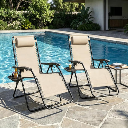 Adjustable Folding Lounge Chair, Portable Camping Chair for Adults with Headrest, Reclining Outdoor Chair with RemovableTray, Foldable Low Beach Chair for Camping, Picnic, Travel, Khaki