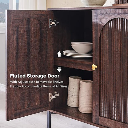 IFBUY Modern Sideboard Buffet Cabinet, 34" Tall Fluted Arched Buffet Cabinet with Storage and Adjustable Shelf, Wooden Modular Coffee Bar Cabinets for Kitchen, Entryway, Brown