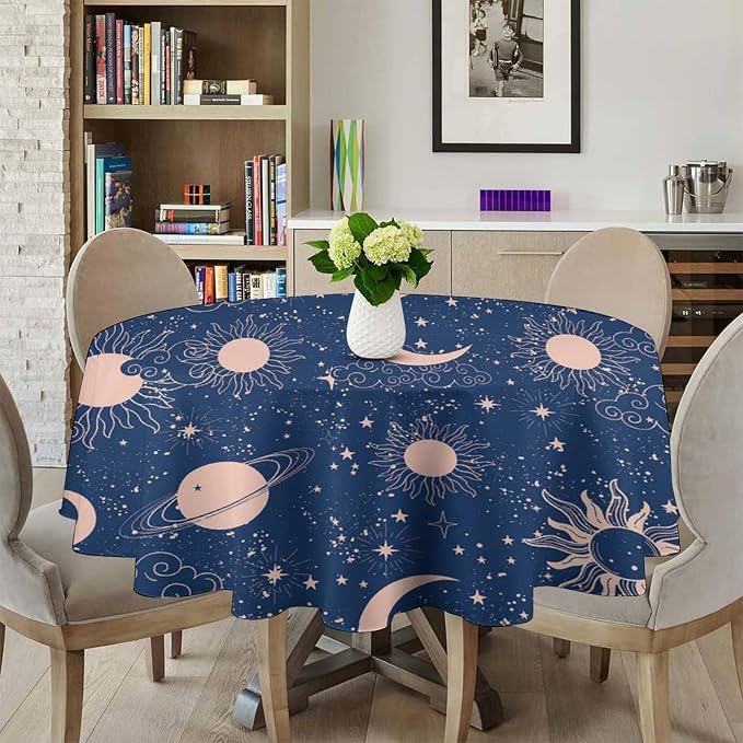 Moon Sun Round Tablecloth Vintage Star Magical Galaxy Space Boho Celestial Table Cloth Water Resistant Wipeable Table Cover for Farmhouse Picnic Party Holiday Kitchen Dinner Table 70"