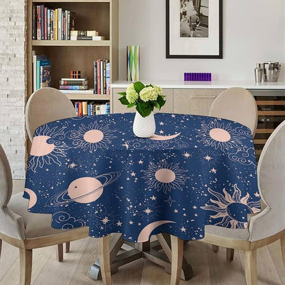 Moon Sun Round Tablecloth Vintage Star Magical Galaxy Space Boho Celestial Table Cloth Water Resistant Wipeable Table Cover for Farmhouse Picnic Party Holiday Kitchen Dinner Table 50"