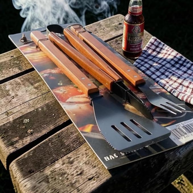 Premium 3-Piece BBQ Tool Set - Heavy Duty Stainless Steel Grilling Utensils with Spatula, Tongs, Fork - Professional Grill Accessories Kit for Outdoor Patio, Camping, and Barbecue Cooking