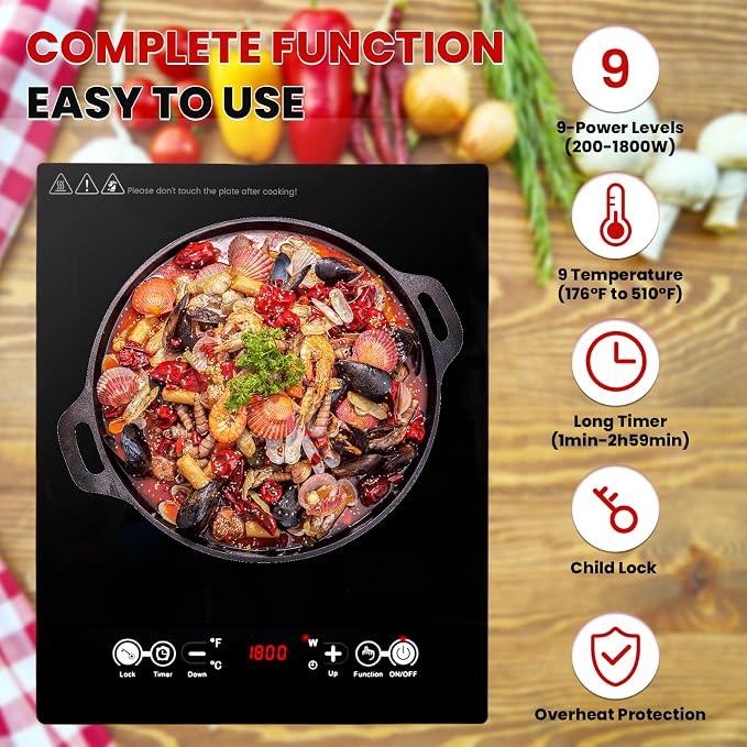Electric Cooktop 110V, Single Burner Plug in Portable Induction Cooktop, Countertop Ceramic Stove Top with Power Levels and Overheat Protection, Child Safety Lock, Timer, 1800W