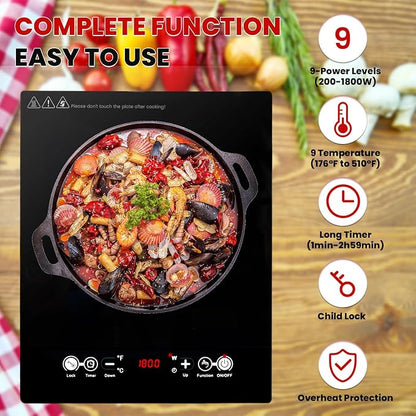 Electric Cooktop 110V, Single Burner Plug in Portable Induction Cooktop, Countertop Ceramic Stove Top with Power Levels and Overheat Protection, Child Safety Lock, Timer, 1800W