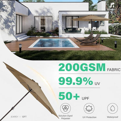 JEAREY 12' Patio Umbrellas Outdoor Table Market Umbrella w/Crank, 8 Sturdy Ribs, UV Protection Windproof for Garden, Deck, Backyard, Pool(Sand)
