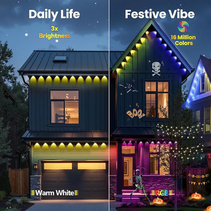 Permanent Outdoor Lights 50ft RGB+IC Eave Lights for House | IP67 Waterproof Smart LED Outdoor Lights with 16M Colors, App/Remote Control for Christmas, Halloween, Daily, Party