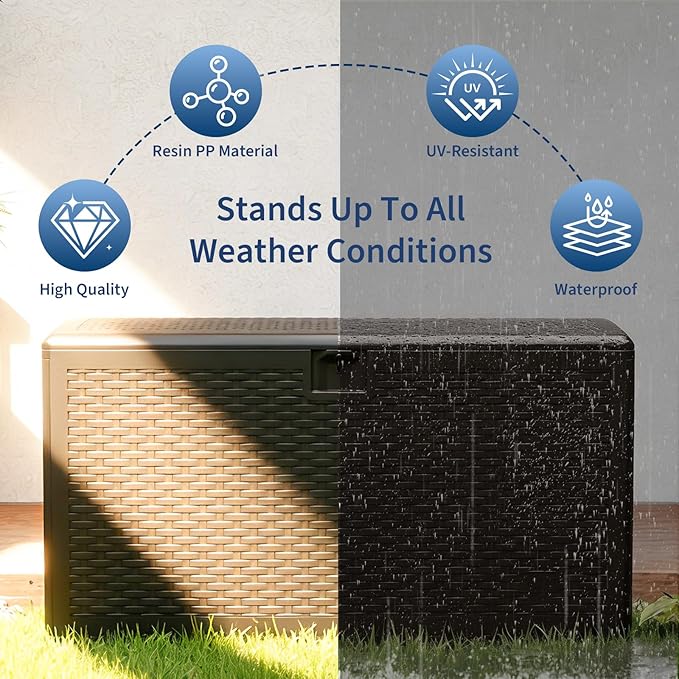 73 Gallon Blow-Molded Outdoor Storage Box, Lockable Storage Chest, Waterproof & UV-Resistant Storage Bin for Patio Cushions, Garden Tools & Pool Accessories, Outdoor Toy Storage Bench, Brown
