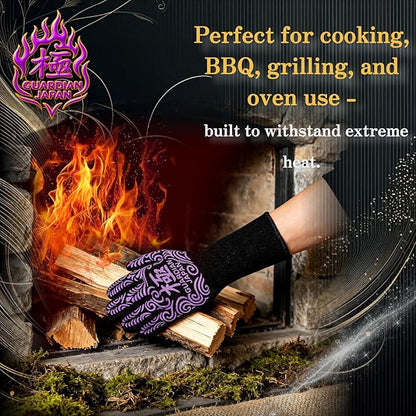 Premium Heat Resistant BBQ Gloves – Fireproof 1472°F Aramid Grill Mitts for Barbecue, Smoker, Campfire, Fire Pit, Oven, Japanese Supervised Design (極-KIWAMI-Purple, L)