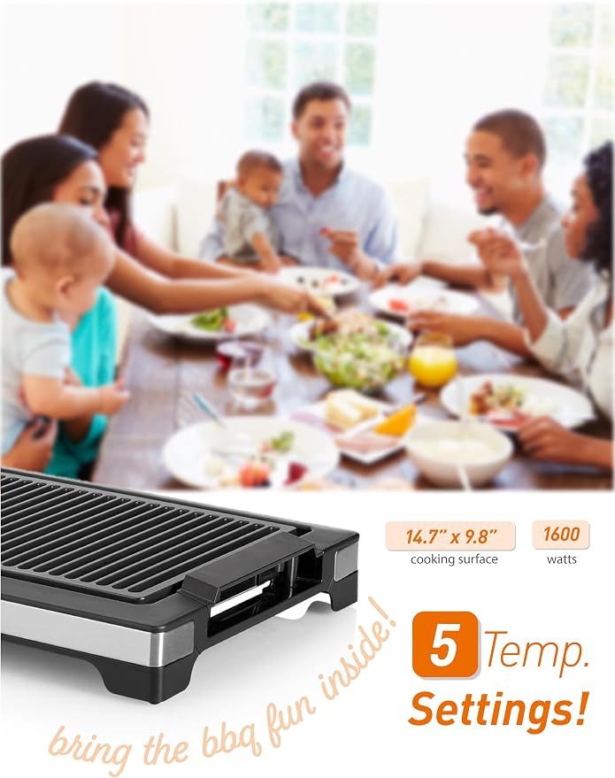 Commercial Chef Indoor Electric Grill, CHIG20B, Black and Stainless Steel | Portable Grill for Tabletop, Countertop or Kitchen, 1600W, 14.7” x 9.8” Nonstick Plate, Adjustable Temperature Control