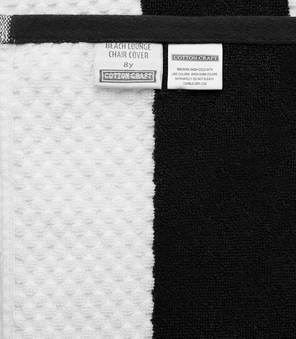 COTTON CRAFT Beach Lounge Chair Cover – 2 Pack Euro Spa Waffle Terry Towel Cabana Stripe Pool Chair Cover - 100% Cotton - 450 GSM Absorbent Quick Dry - Oversized 32 W x 82 L x 7 inch Pocket - Black