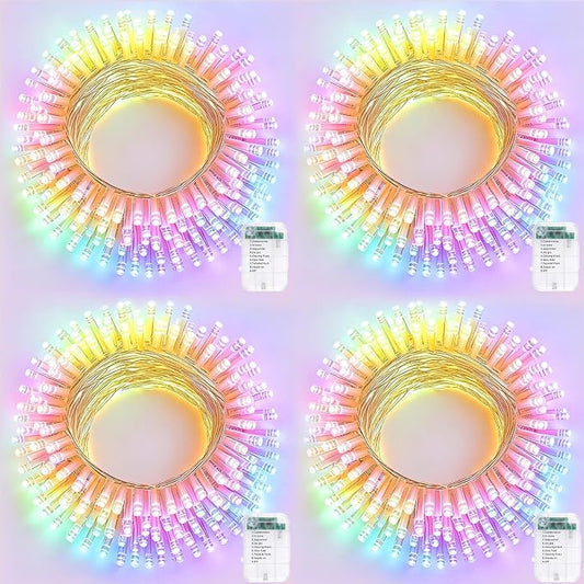 Pooqla 4 Pack String Lights Battery Operated, Total 66.6ft 200 LED Fairy Lights Indoor Outdoor Decorations, 8 Modes Battery Colorful Pastel Easter Lights for Bedroom Classroom Porch Party Yard Decor