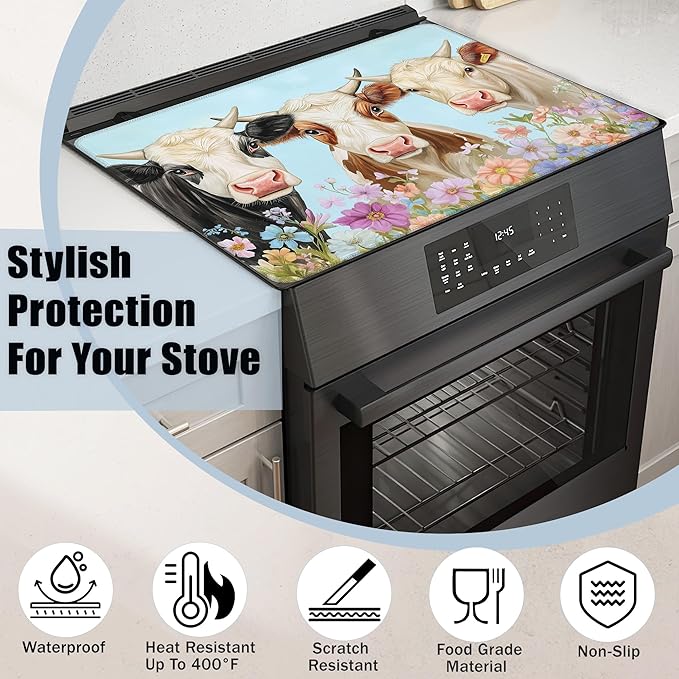 Farmhouse Cow Glass Top Stove Cover Protector,Watercolor Flower Heat Resistant Stove Top Cover, Large Size Range Covers for Electric Stove Countertop Mat, 28 x 20 Inch