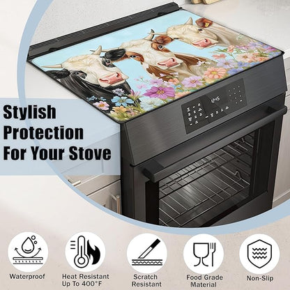 Farmhouse Cow Glass Top Stove Cover Protector,Watercolor Flower Heat Resistant Stove Top Cover, Large Size Range Covers for Electric Stove Countertop Mat, 28 x 20 Inch