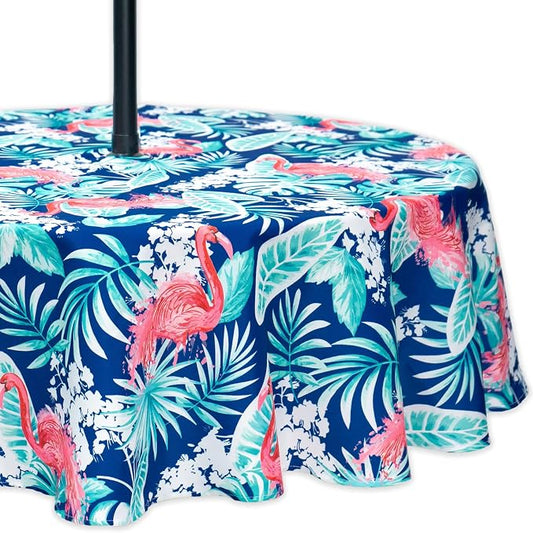 YiHomer Indoor Outdoor Tabletop for Spring Summer Decorations, Picnics and Dinner Parties - Stain and Water Resistant, Flamingo Dancing, Zipper Tablecloth, 60" Round with Umbrella Hole