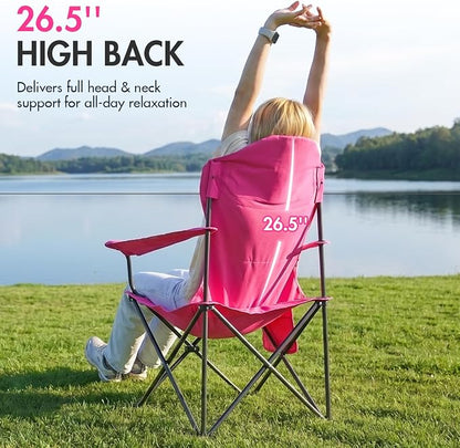 EVER ADVANCED Oversized Camping Chairs, Folding Chairs for Outside Heavy Duty 400LBS Lawn Chairs High Back Camp Chair with Cup Holder for Outdoor, Fishing & Sports, Pink