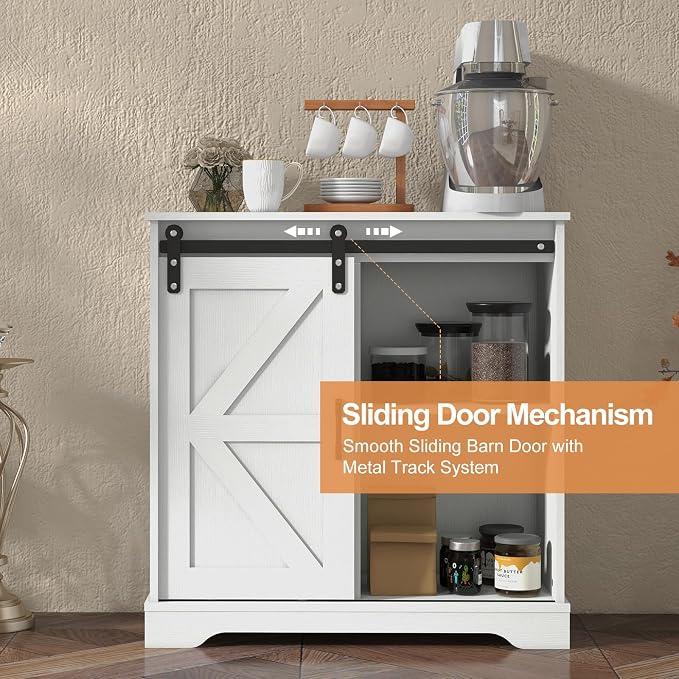 Panana Sliding Barn Door Buffet Sideboard Storage Cabinet Coffee Bar Kitchen Farmhouse Style (White)