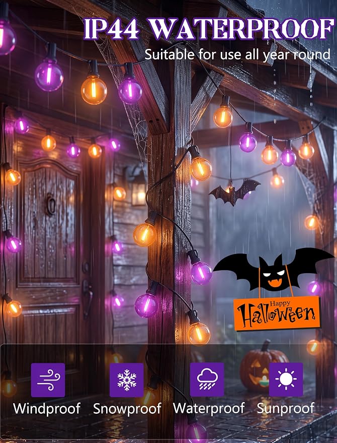 LED Outdoor Halloween Lights, 50FT 25 G40 Orange Purple Globe String Lights | Plug in, Dimmable, IP65 Waterproof, Hanging Outdoor Halloween Decorations Patio Lights for Porch Backyard Garden Party Decor