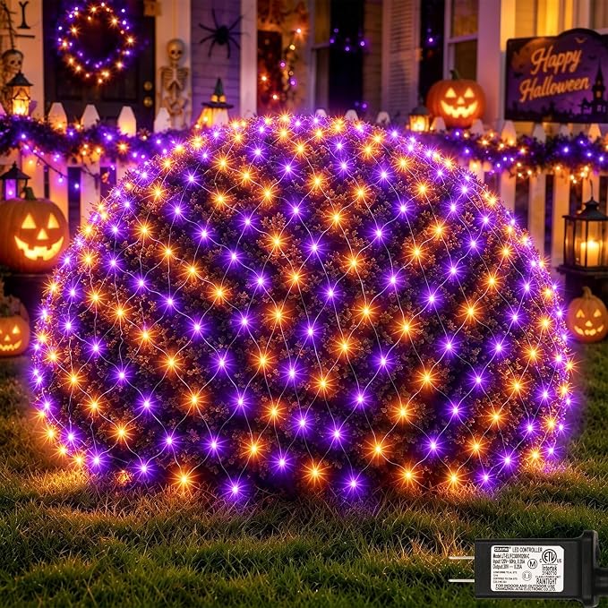 Lovelite 300LED Net Lights Halloween Decorations, 14.8ft x 5ft Outdoor Mesh Lights 8 Modes & Timer, Connectable Waterproof Christmas Light for Bushes Xmas Tree Party Garden Lawn, Purple Orange