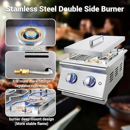 Double Grilling Side Burners for Outdoor Kitchen, 2 * 17,000BTU Nature Gas Burners, Convertible to Liquid Propane, Duty Heavy 304 Stainless Steel, Built-in Side Burner for BBQ Island Grill