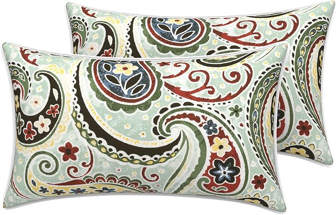 LVTXIII 2 Pack Outdoor Lumbar Pillow Covers 12x20 Inch with Piping, Water-Repellent Back Cushion Covers ONLY for Patio Furniture, Sofa, Garden Bench, Paisley Light Cyan
