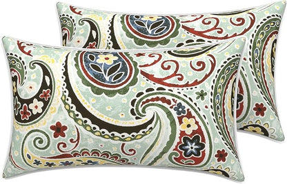 LVTXIII 2 Pack Outdoor Lumbar Pillow Covers 12x20 Inch with Piping, Water-Repellent Back Cushion Covers ONLY for Patio Furniture, Sofa, Garden Bench, Paisley Light Cyan