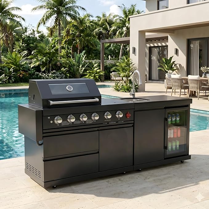Casaphoria 84" Outdoor Kitchen Grill Island with Refrigerator and Sink, Professional Stainless Steel BBQ with 6-Burner 75300 BTU Propane & Natural Gas, Granite Countertop, Rapid Setup, Black