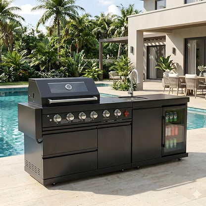 Casaphoria 84" Outdoor Kitchen Grill Island with Refrigerator and Sink, Professional Stainless Steel BBQ with 6-Burner 75300 BTU Propane & Natural Gas, Granite Countertop, Rapid Setup, Black