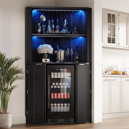 kepptory 71" Extra Large Triangle Corner Bar Cabinet with Mini Fridge Space | Full RGB LED Liquor Cabinet with Wine Glass Rack, Oversized Fluted Storage Buffet for Living Room Kitchen