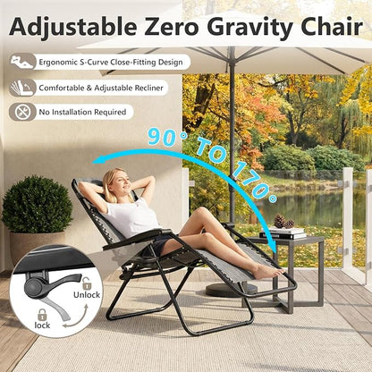 Zero Gravity Chairs Set of 2 with 9FT Patio Umbrella, Adjustable Folding Outdoor Recliner with Pillow & Cup Holder, Waterproof UV Protection Market Umbrella for Pool, Beach, Patio, Camping