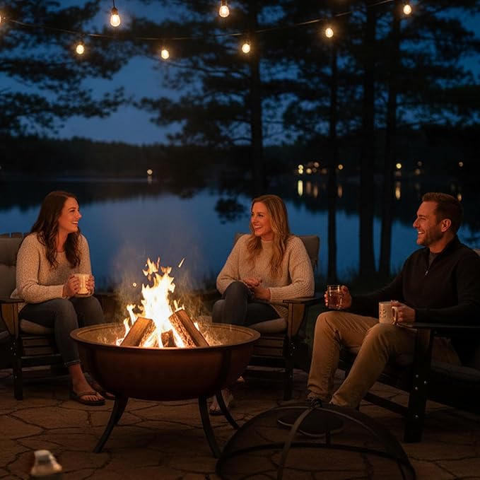 Sunnydaze 32-Inch Fire Pit for Outside - Wood-Burning Fire Pit Bowl with Spark Screen, Wood Grate, and Poker - Copper